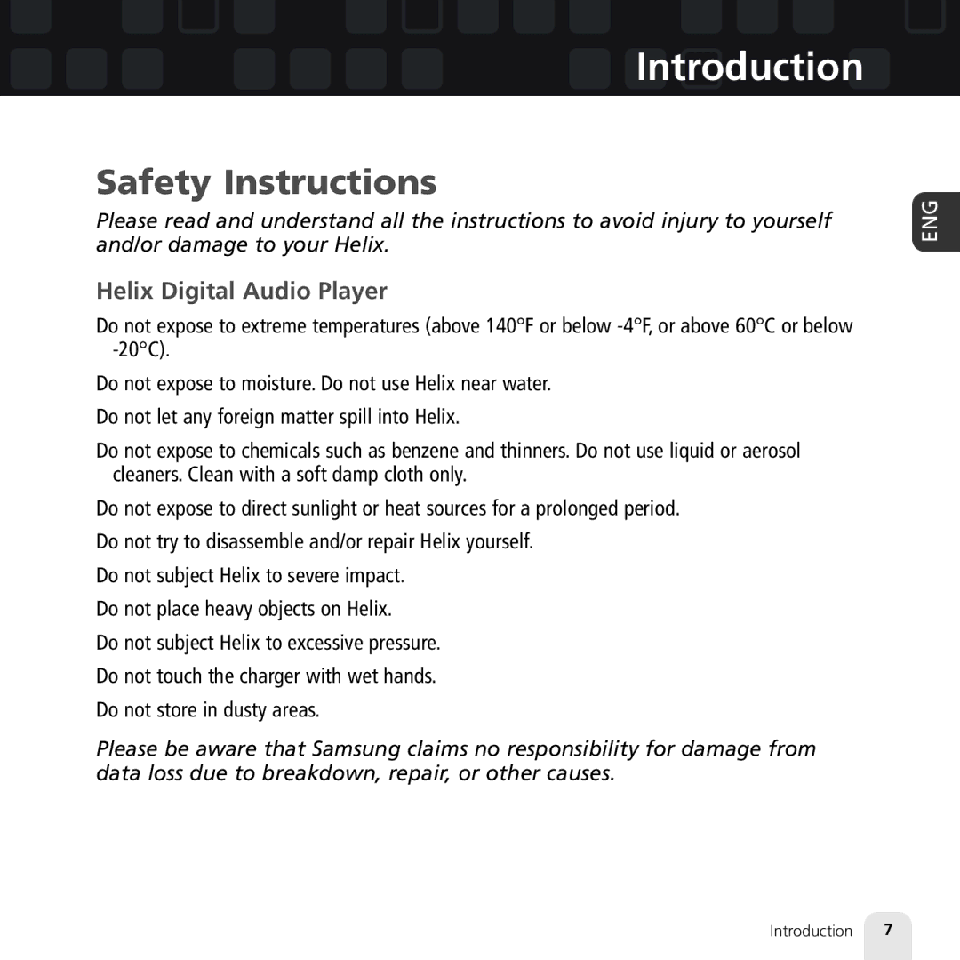 Samsung XM2go manual Safety Instructions, Helix Digital Audio Player 