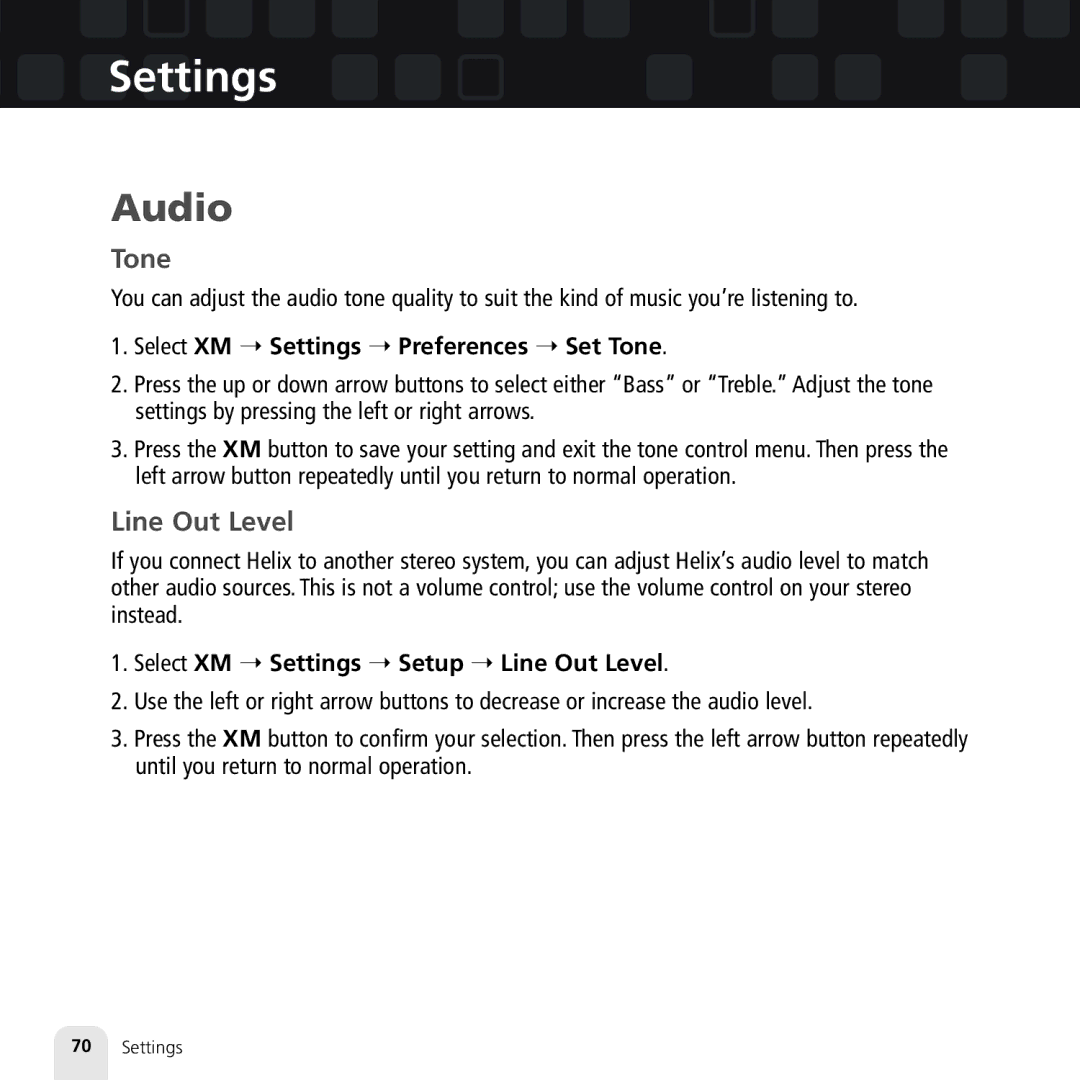 Samsung XM2go manual Audio, Select XM Settings Preferences Set Tone, Select XM Settings Setup Line Out Level 