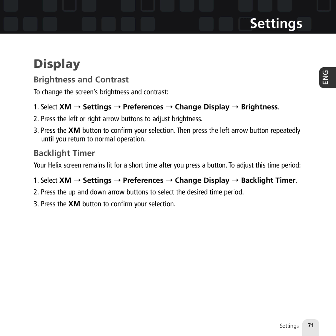 Samsung XM2go manual Brightness and Contrast, Backlight Timer, Select XM Settings Preferences Change Display Brightness 