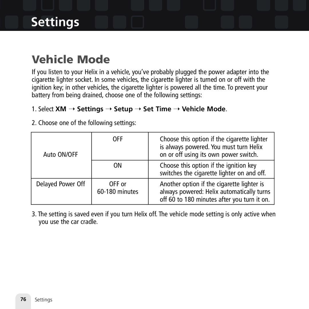 Samsung XM2go manual Select XM Settings Setup Set Time Vehicle Mode 