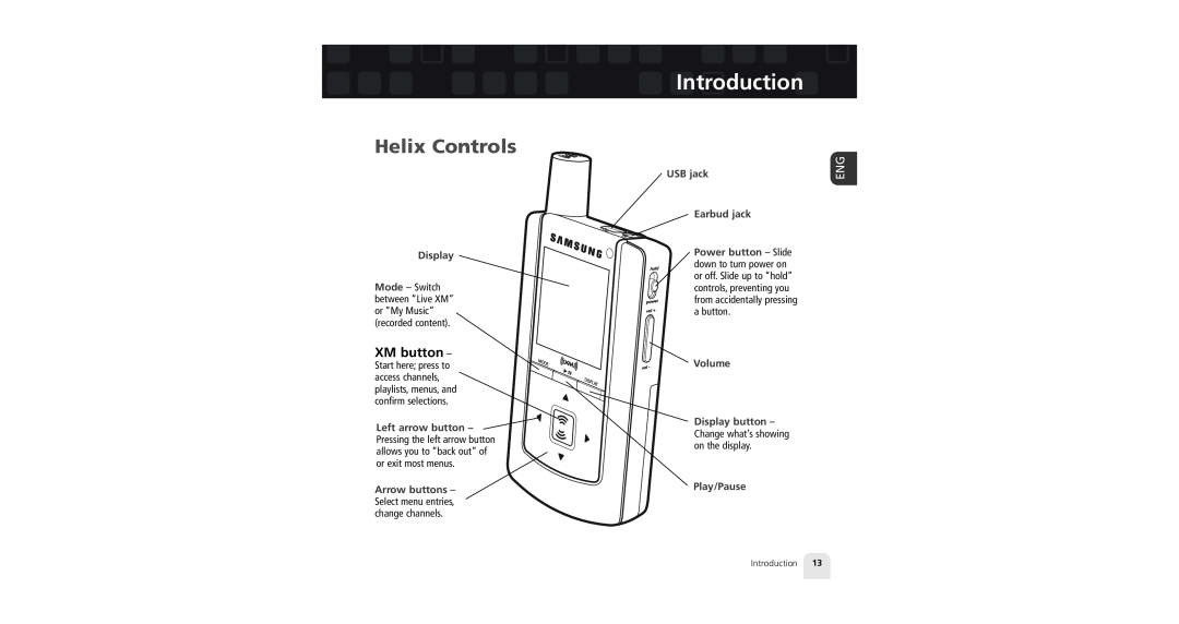 Samsung XM2go manual Helix Controls, Introduction, Display, USB jack, Earbud jack, Volume, Play/Pause 