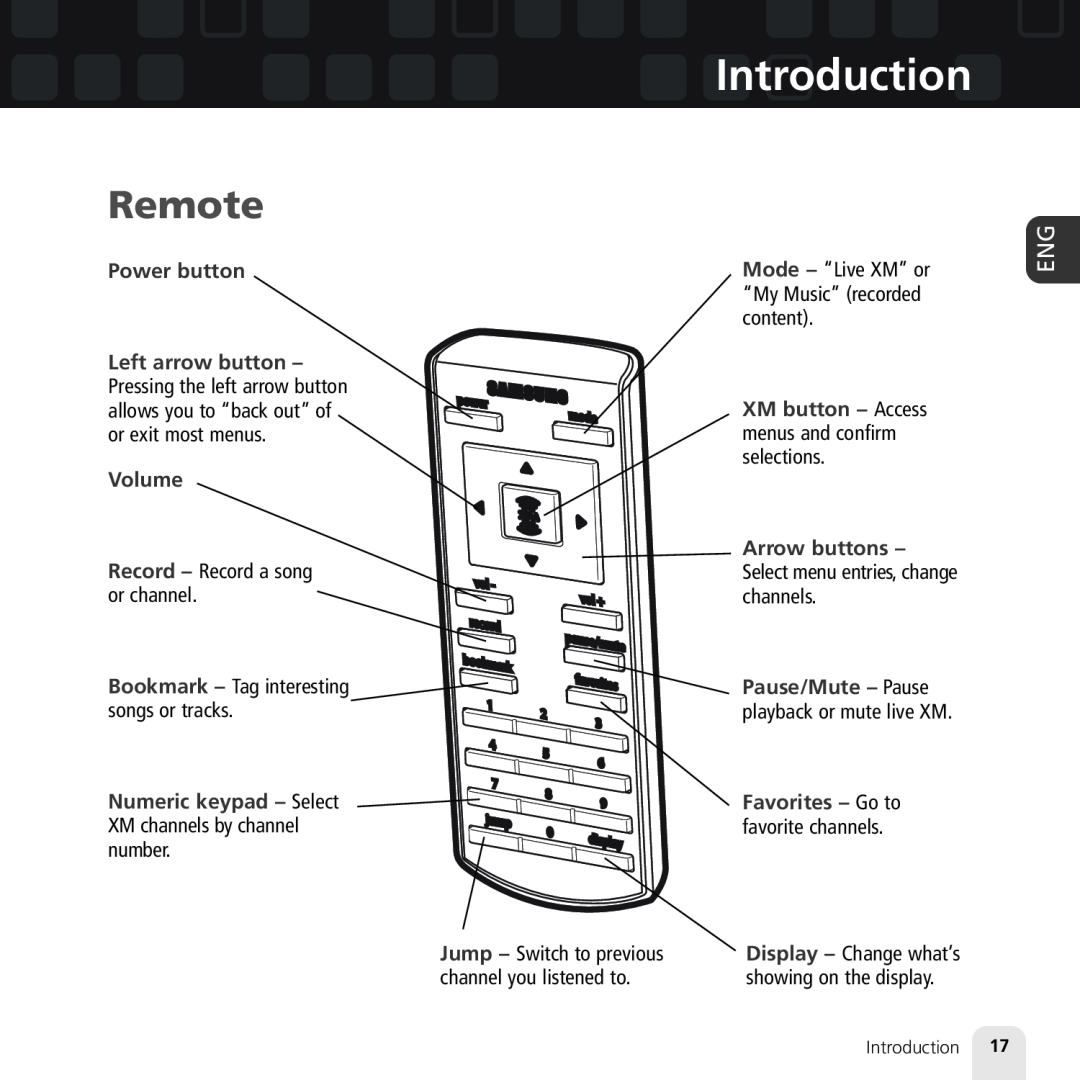 Samsung XM2go manual Remote, Introduction, Power button, Volume Record - Record a song or channel, XM button - Access 