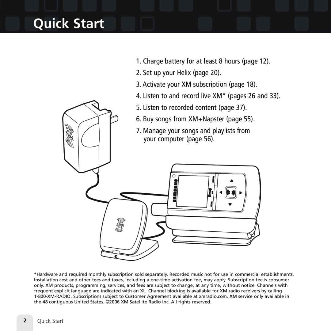 Samsung XM2go manual Quick Start, Charge battery for at least 8 hours page, Set up your Helix page 