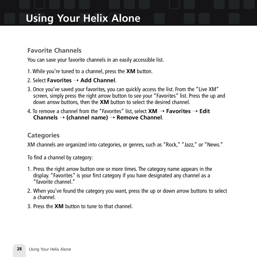 Samsung XM2go manual Favorite Channels, Categories, Using Your Helix Alone, Select Favorites Add Channel 