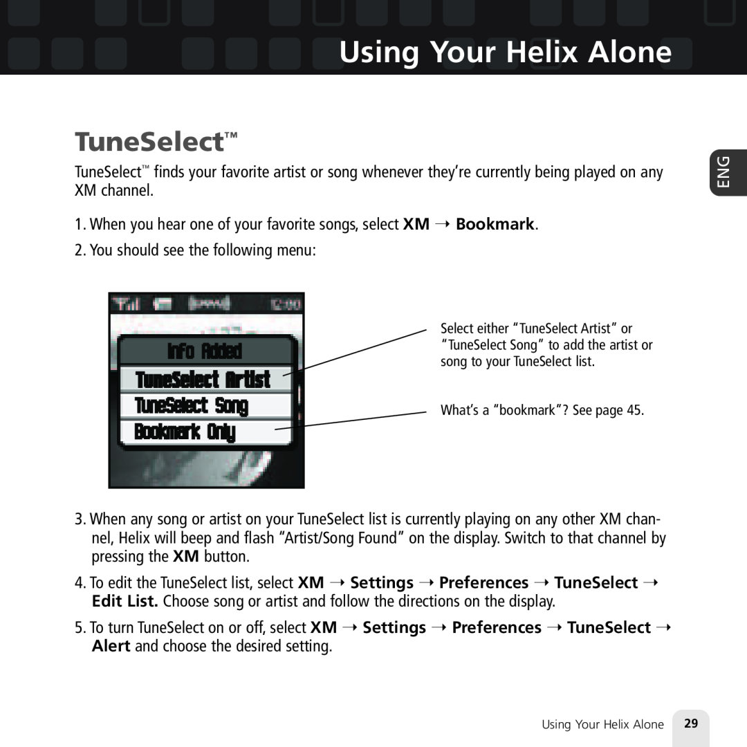 Samsung XM2go manual TuneSelect, Using Your Helix Alone 
