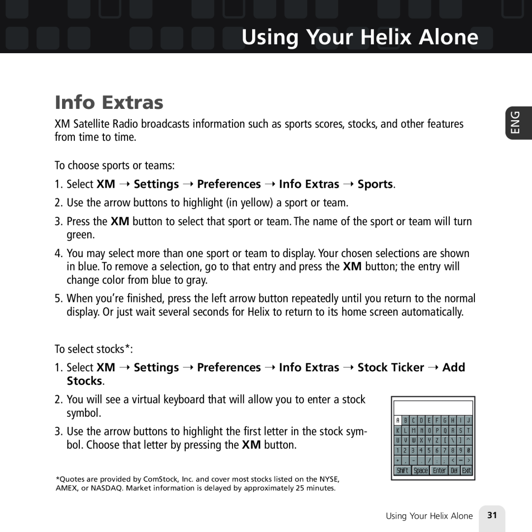 Samsung XM2go manual Info Extras, Using Your Helix Alone 