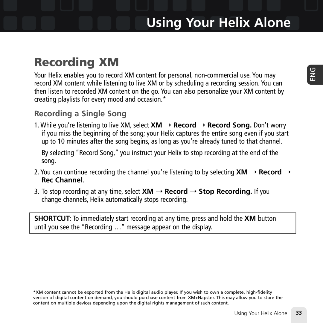 Samsung XM2go manual Recording XM, Recording a Single Song, Using Your Helix Alone 