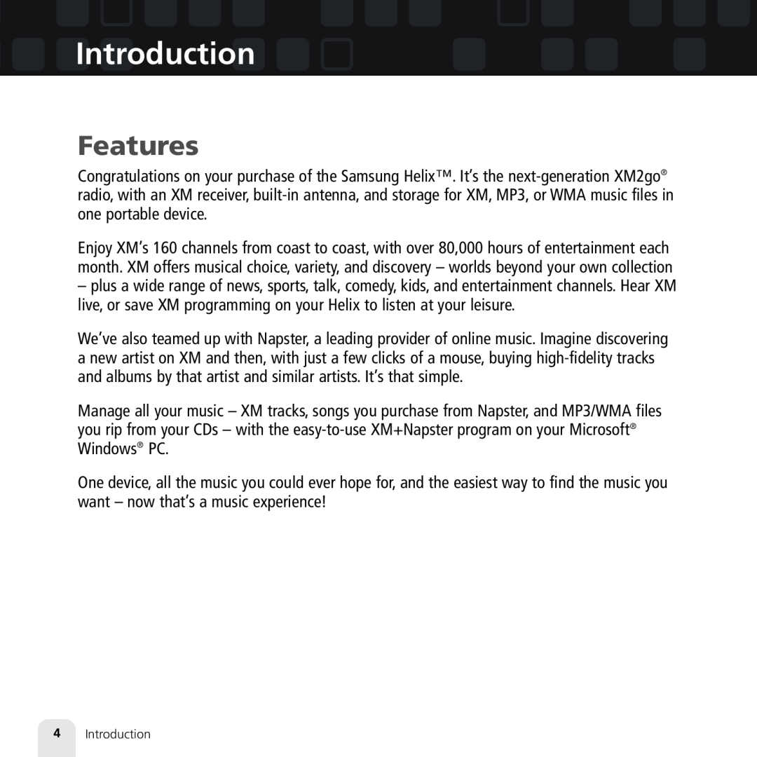 Samsung XM2go manual Introduction, Features 