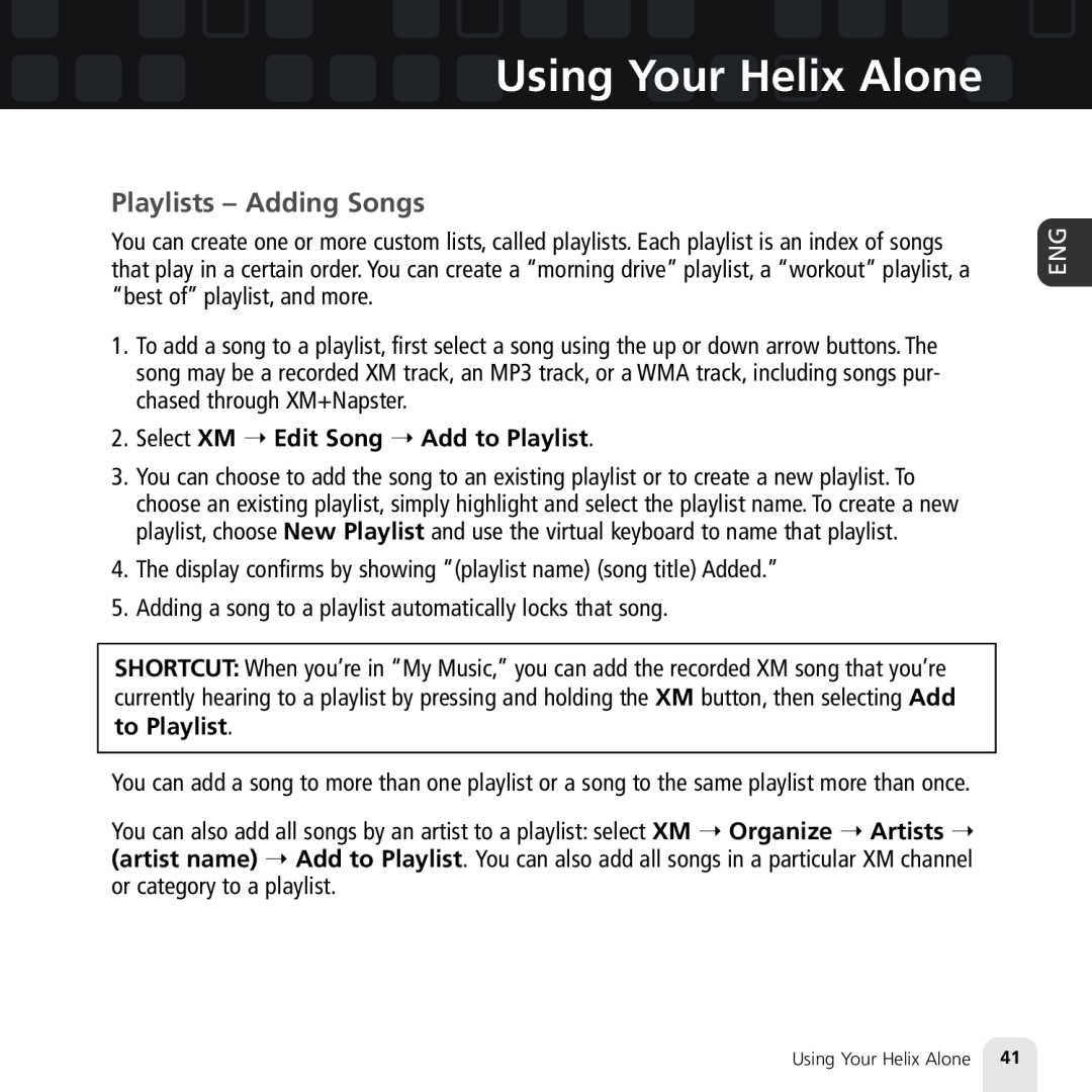 Samsung XM2go manual Playlists - Adding Songs, Using Your Helix Alone, Select XM Edit Song Add to Playlist 