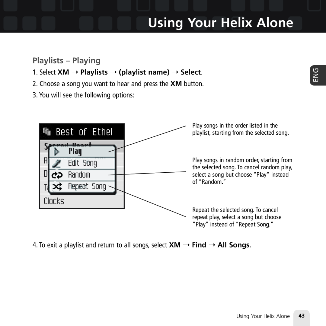 Samsung XM2go manual Playlists - Playing, Using Your Helix Alone, Select XM Playlists playlist name Select 