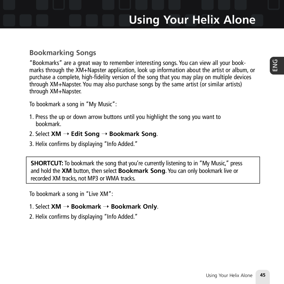 Samsung XM2go manual Bookmarking Songs, Using Your Helix Alone, Select XM Edit Song Bookmark Song 