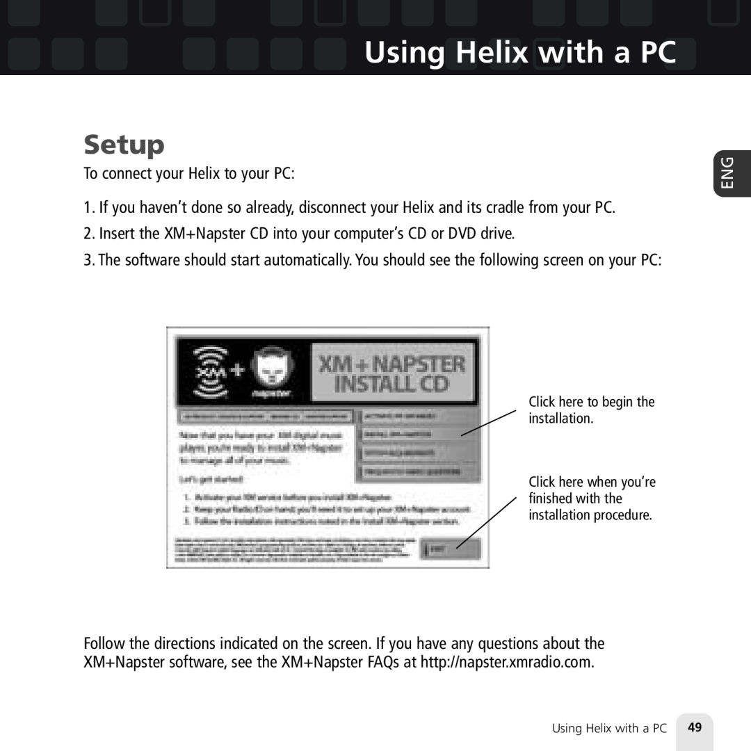 Samsung XM2go manual Using Helix with a PC, Setup, To connect your Helix to your PC 