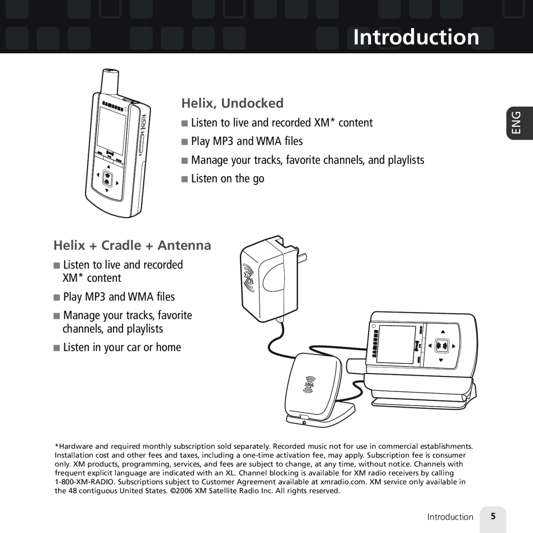 Samsung XM2go manual Helix, Undocked, Helix + Cradle + Antenna, Introduction, Listen to live and recorded XM* content 