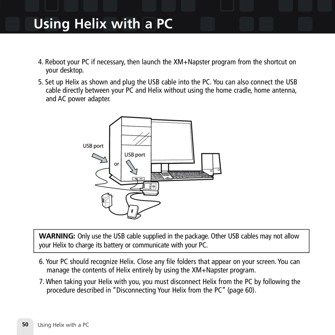 Samsung XM2go manual 50Using Helix with a PC 