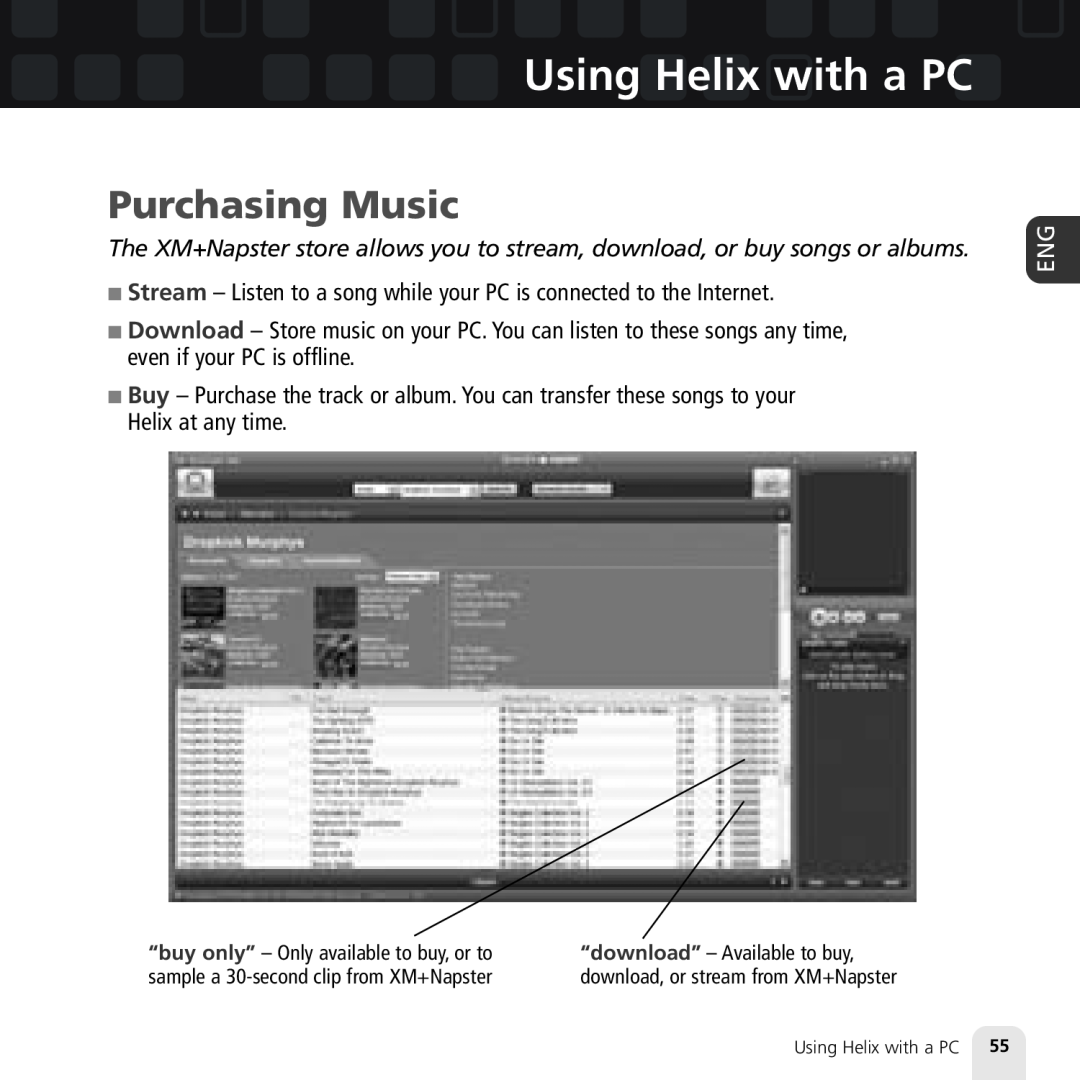Samsung XM2go manual Purchasing Music, Using Helix with a PC 
