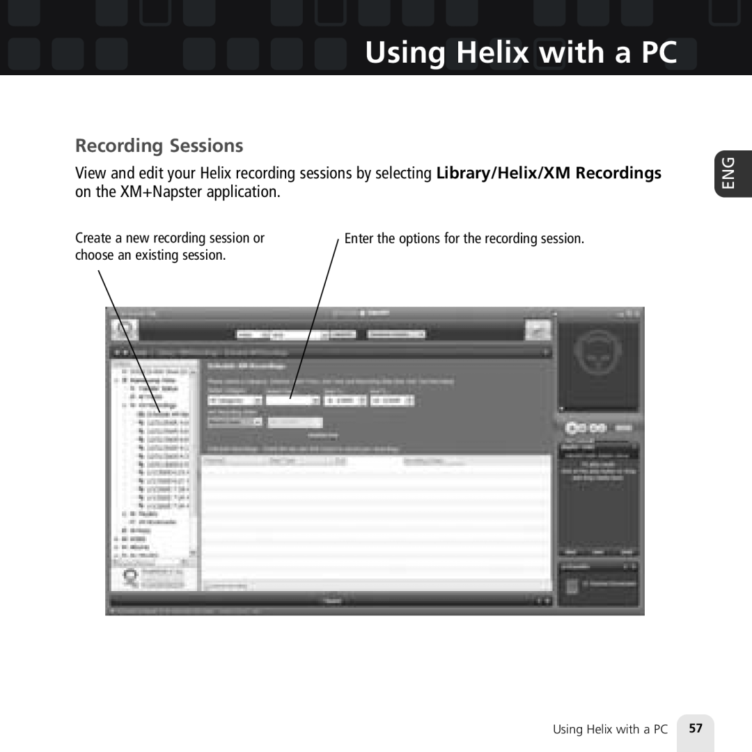 Samsung XM2go Recording Sessions, Using Helix with a PC, Create a new recording session or, choose an existing session 