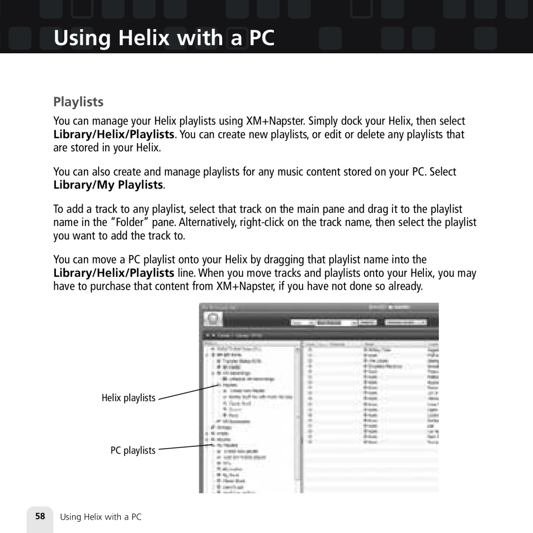 Samsung XM2go manual Playlists, Using Helix with a PC 