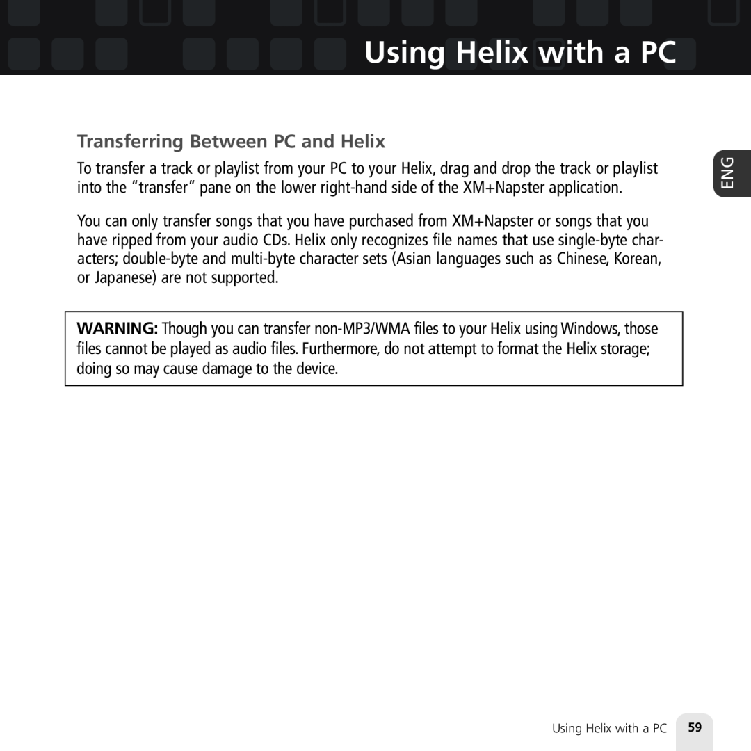 Samsung XM2go manual Transferring Between PC and Helix, Using Helix with a PC 