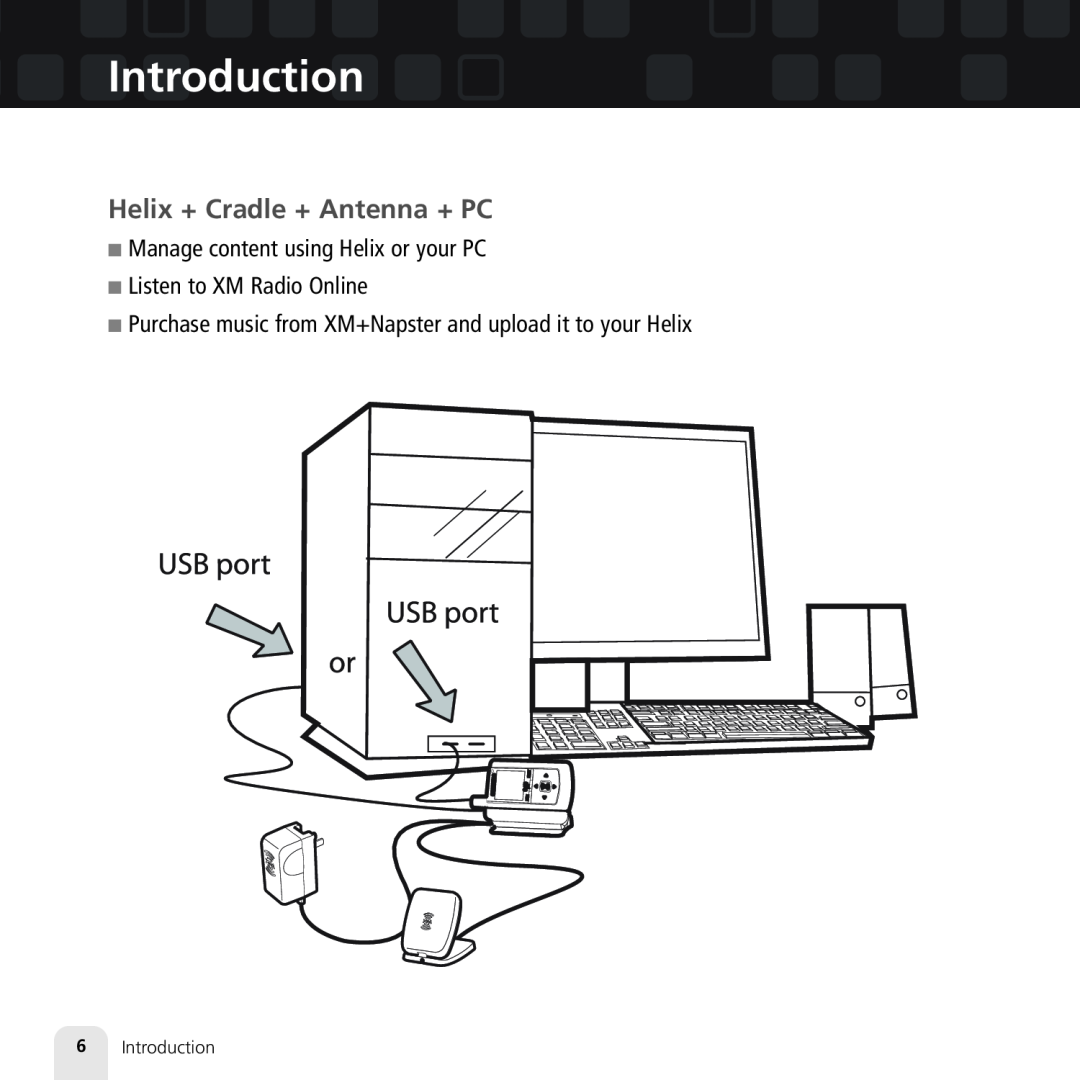 Samsung XM2go manual Helix + Cradle + Antenna + PC, Introduction, Manage content using Helix or your PC 