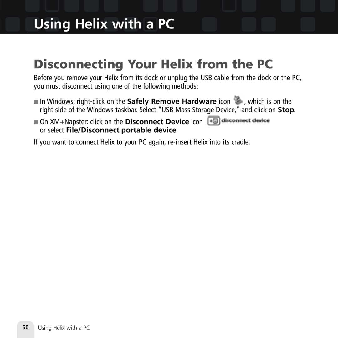 Samsung XM2go manual Disconnecting Your Helix from the PC, 60Using Helix with a PC 