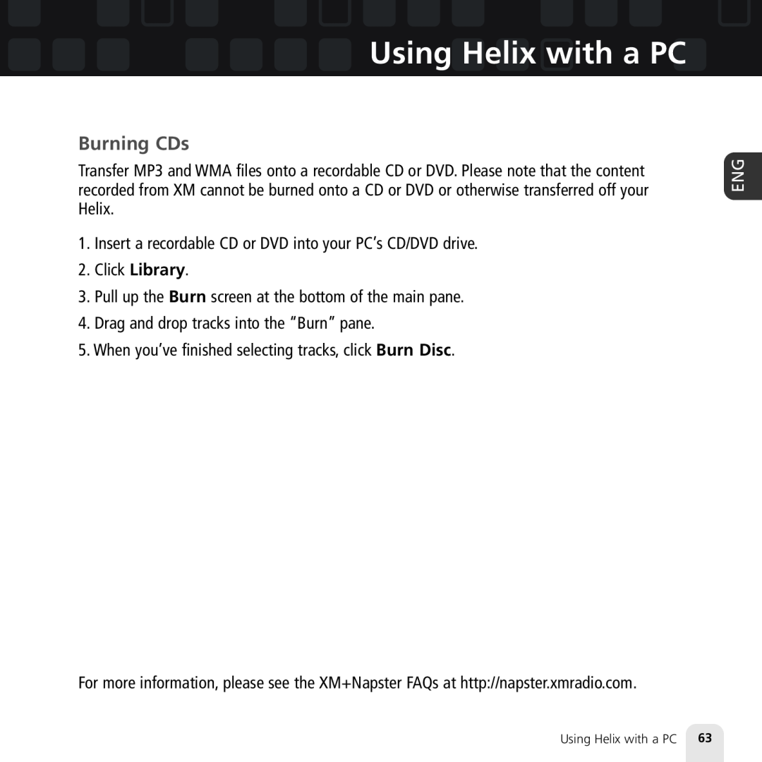 Samsung XM2go manual Burning CDs, Using Helix with a PC 
