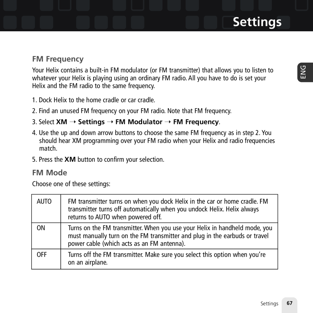 Samsung XM2go manual FM Mode, Select XM Settings FM Modulator FM Frequency 