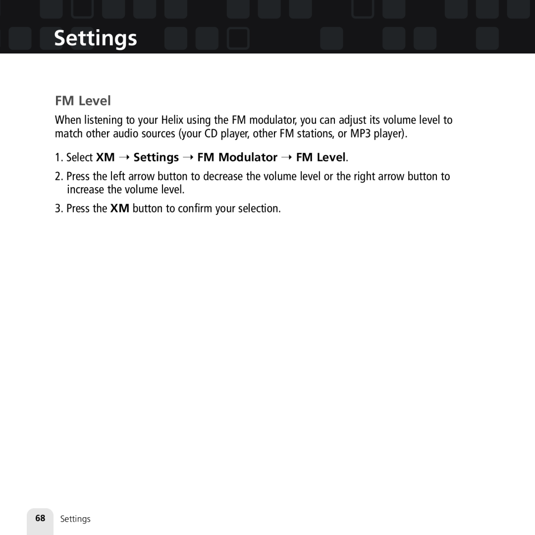 Samsung XM2go manual Select XM Settings FM Modulator FM Level 