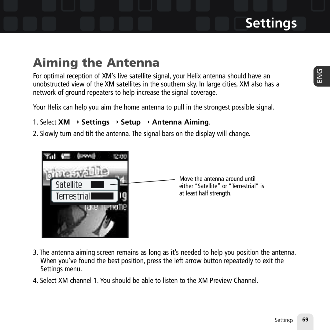 Samsung XM2go manual Aiming the Antenna, Select XM Settings Setup Antenna Aiming 