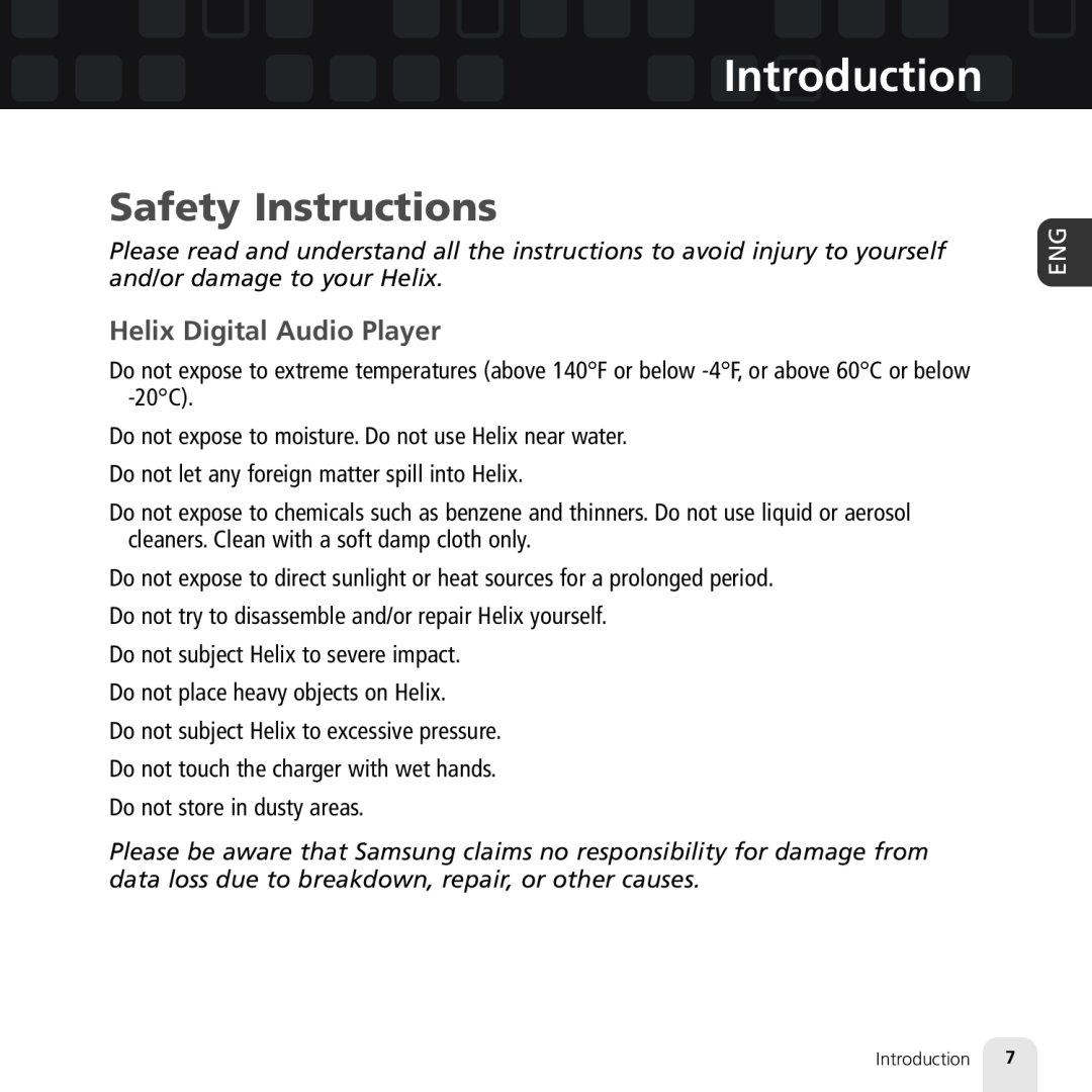 Samsung XM2go manual Safety Instructions, Helix Digital Audio Player, Introduction 