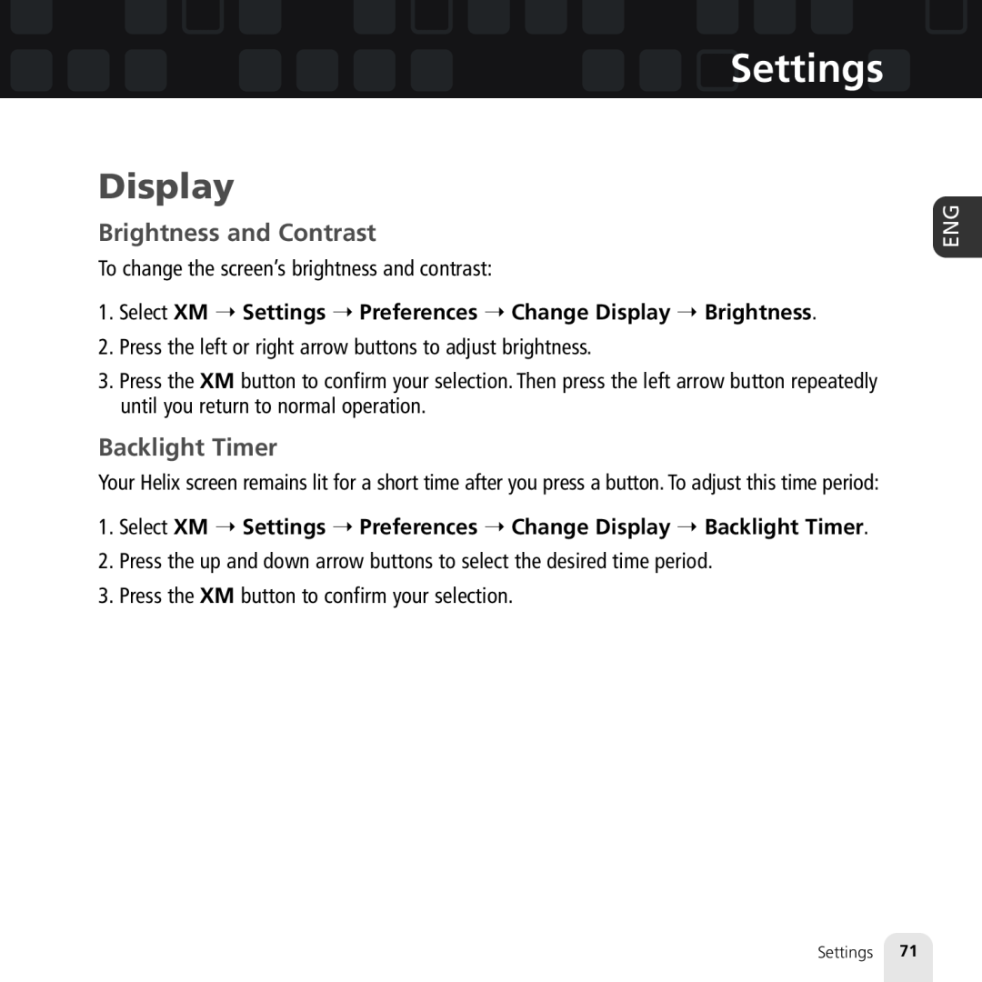Samsung XM2go manual Display, Brightness and Contrast, Backlight Timer, Settings 