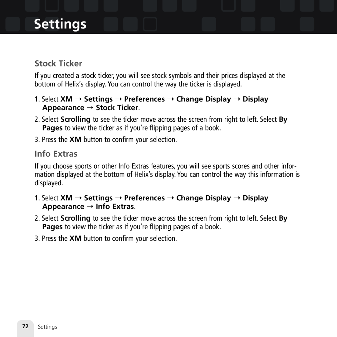 Samsung XM2go manual Stock Ticker, Info Extras, Settings 