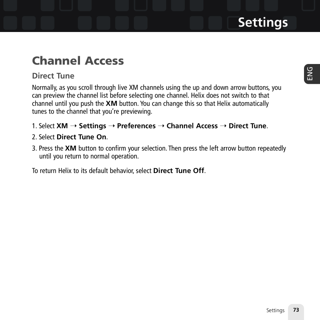 Samsung XM2go manual Channel Access, Direct Tune, Settings 