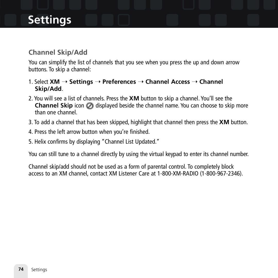 Samsung XM2go manual Channel Skip/Add, 74Settings 