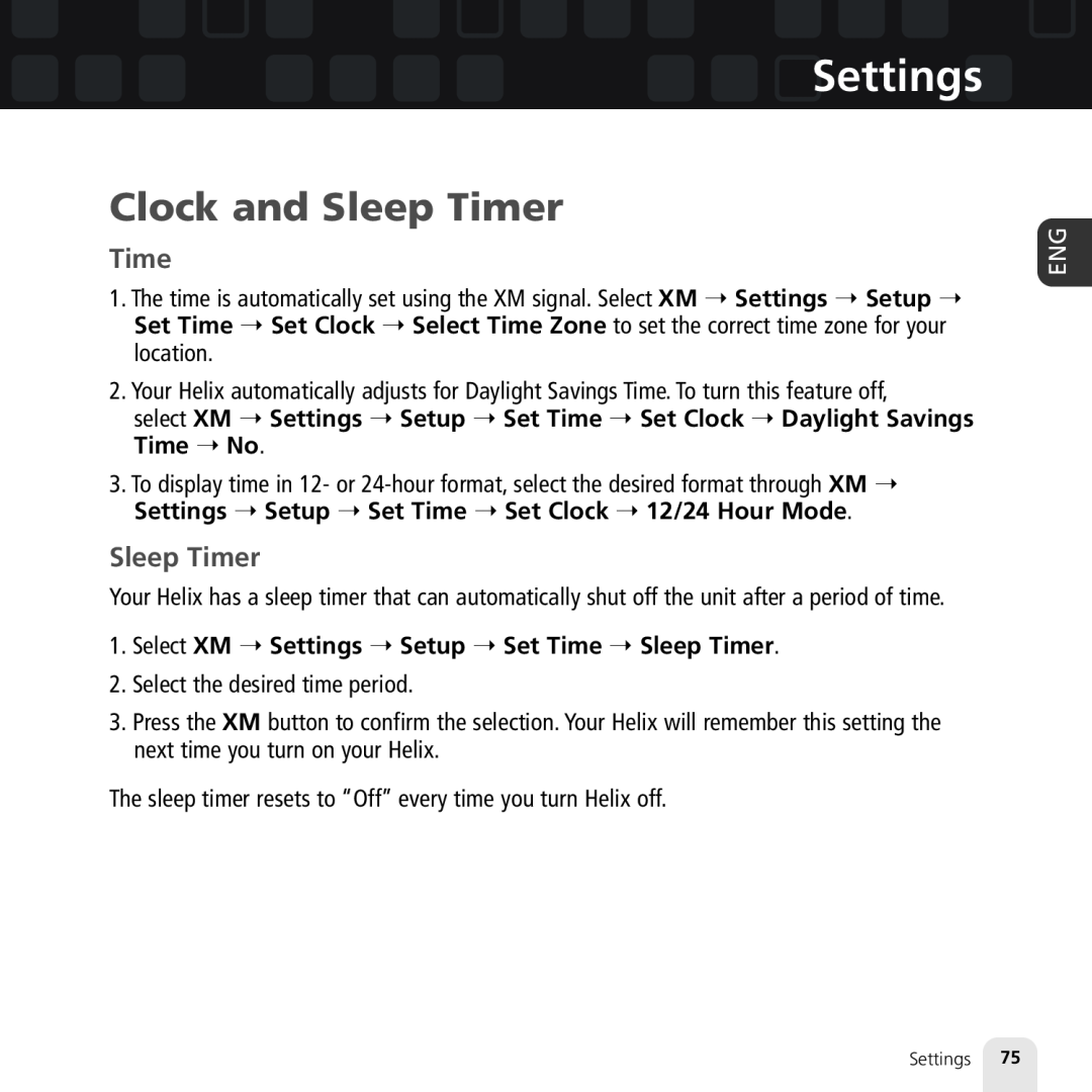 Samsung XM2go manual Clock and Sleep Timer, Settings 