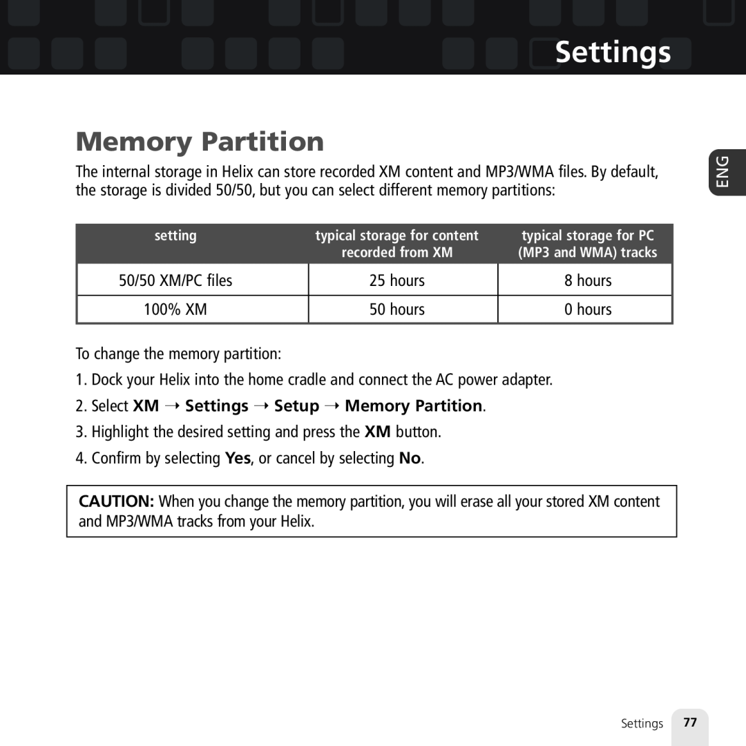 Samsung XM2go manual Select XM Settings Setup Memory Partition 