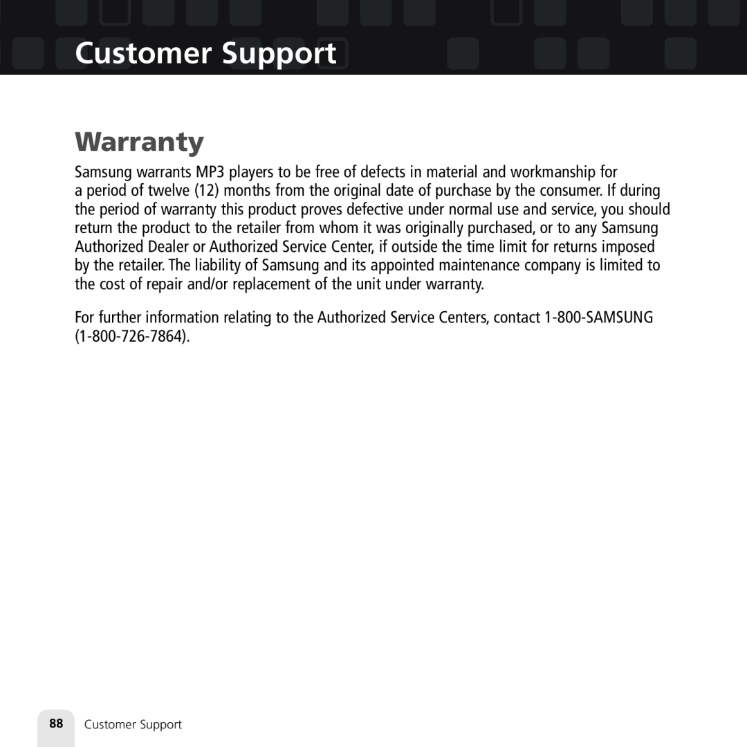 Samsung XM2go manual Warranty, 88Customer Support 