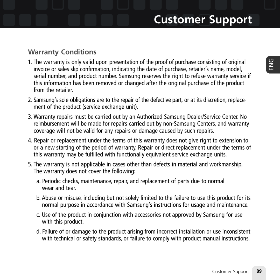 Samsung XM2go manual Warranty Conditions, Customer Support 