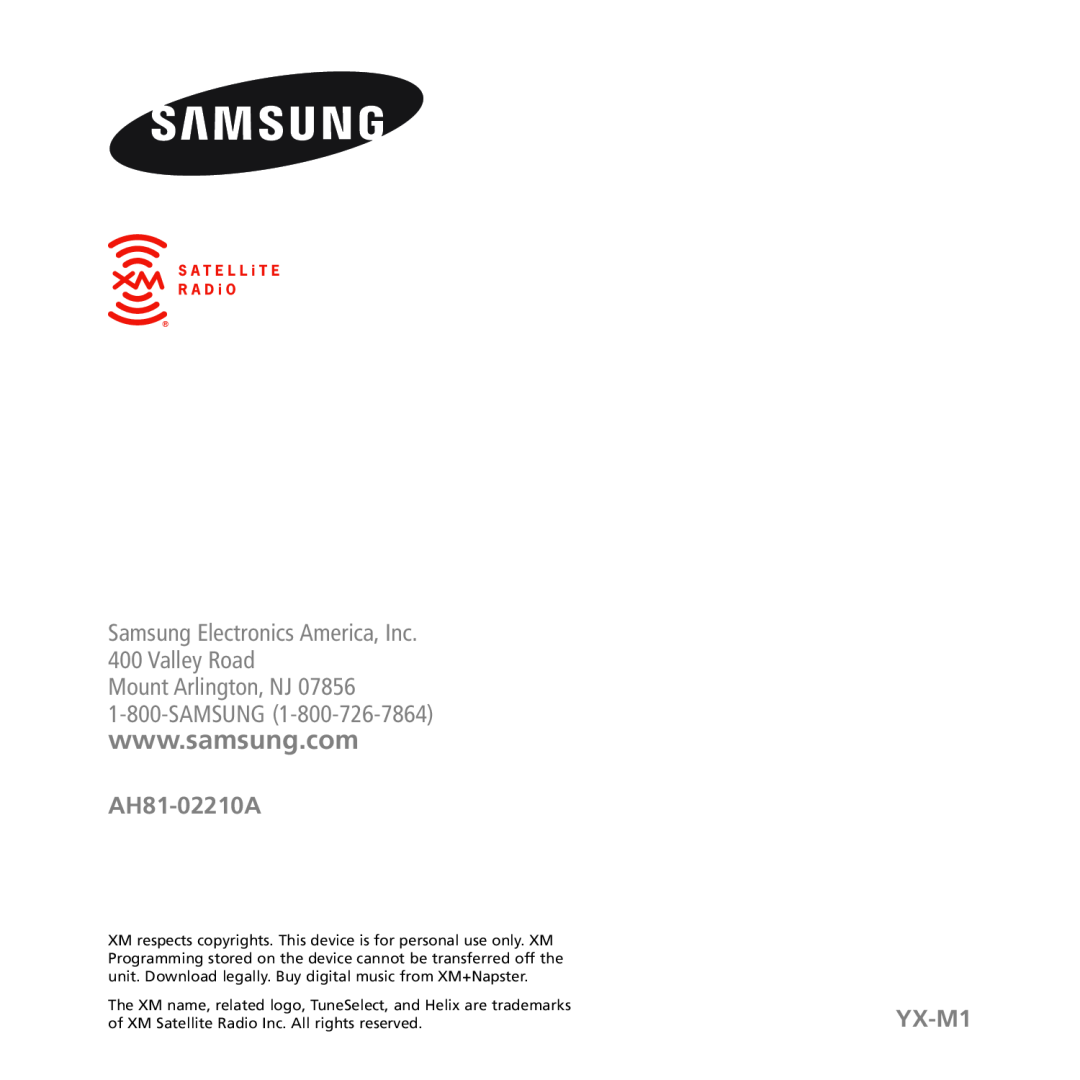 Samsung XM2go manual Samsung Electronics America, Inc 400 Valley Road, AH81-02210A, YX-M1 