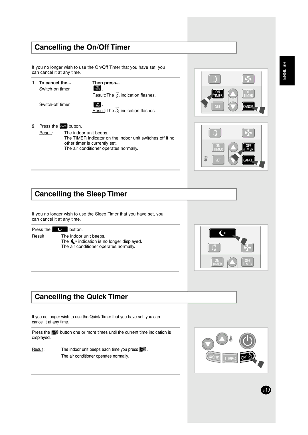 Samsung ASHM070VE, XMH26ZV, ASHM120VE Cancelling the On/Off Timer, Cancelling the Sleep Timer, Cancelling the Quick Timer 