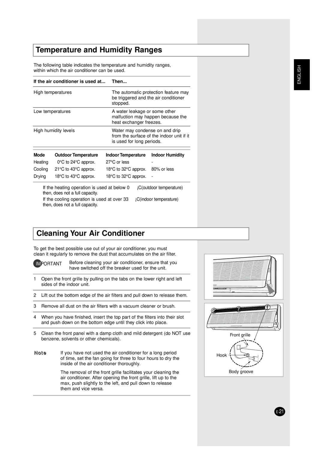 Samsung AXHM260VE, XMH26ZV, ASHM070VE Temperature and Humidity Ranges, Cleaning Your Air Conditioner, Mode, Indoor Humidity 