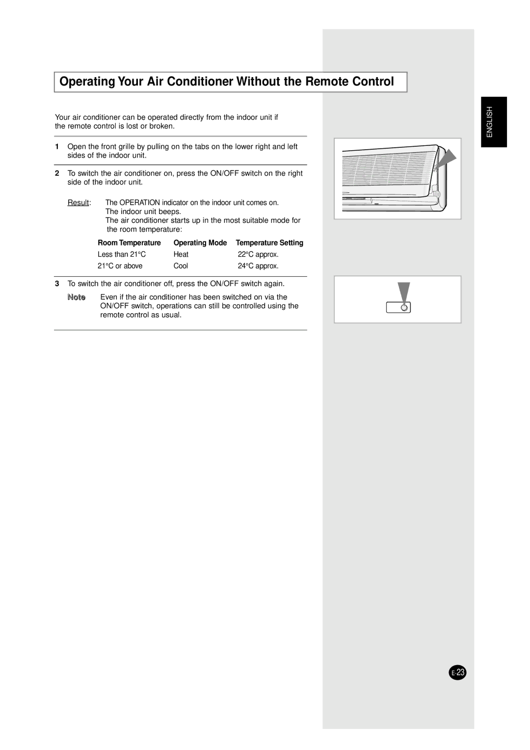 Samsung MH12ZV-26, XMH26ZV Operating Your Air Conditioner Without the Remote Control, Room Temperature Operating Mode 