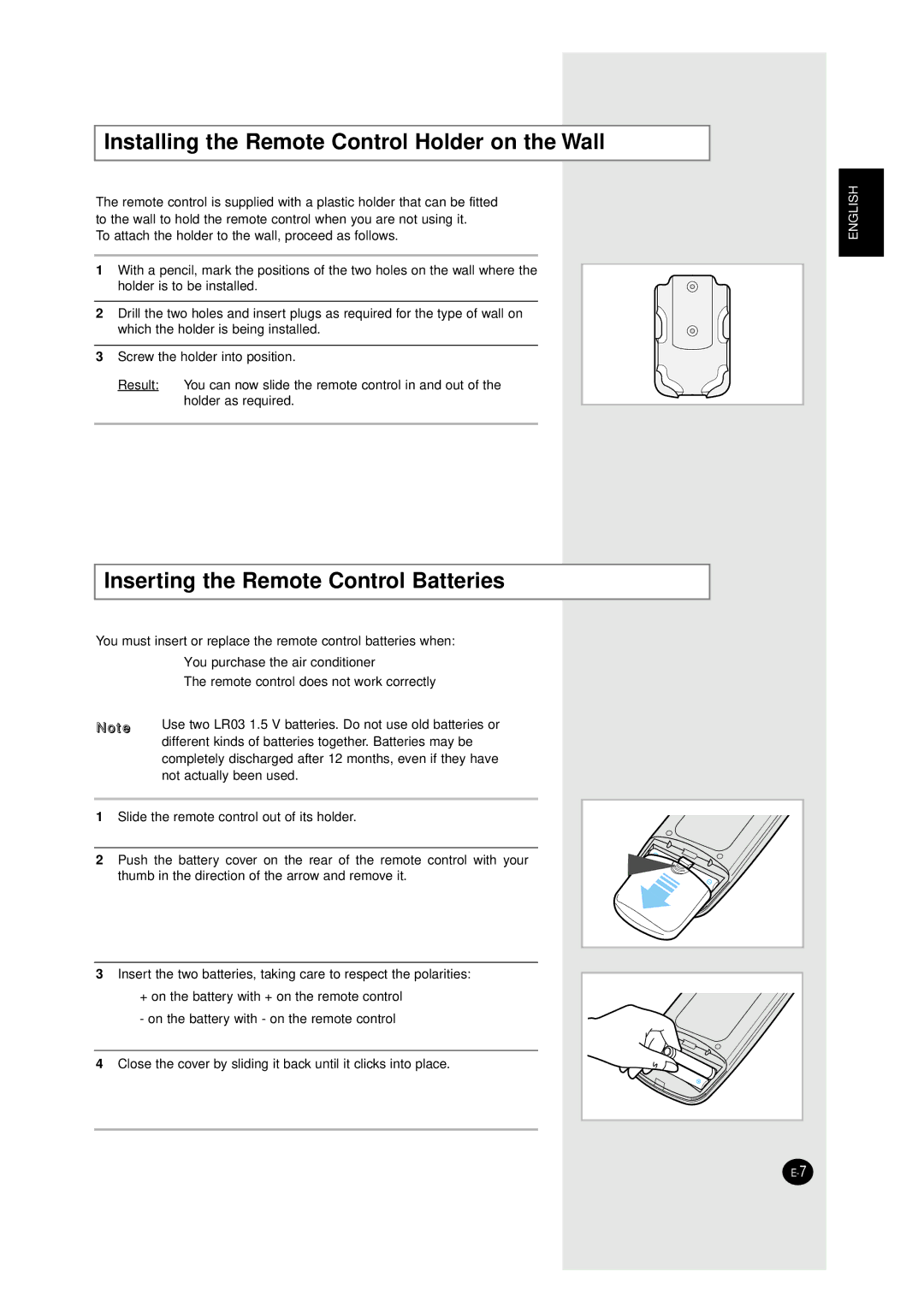 Samsung ASHM070VE, XMH26ZV Installing the Remote Control Holder on the Wall, Inserting the Remote Control Batteries 