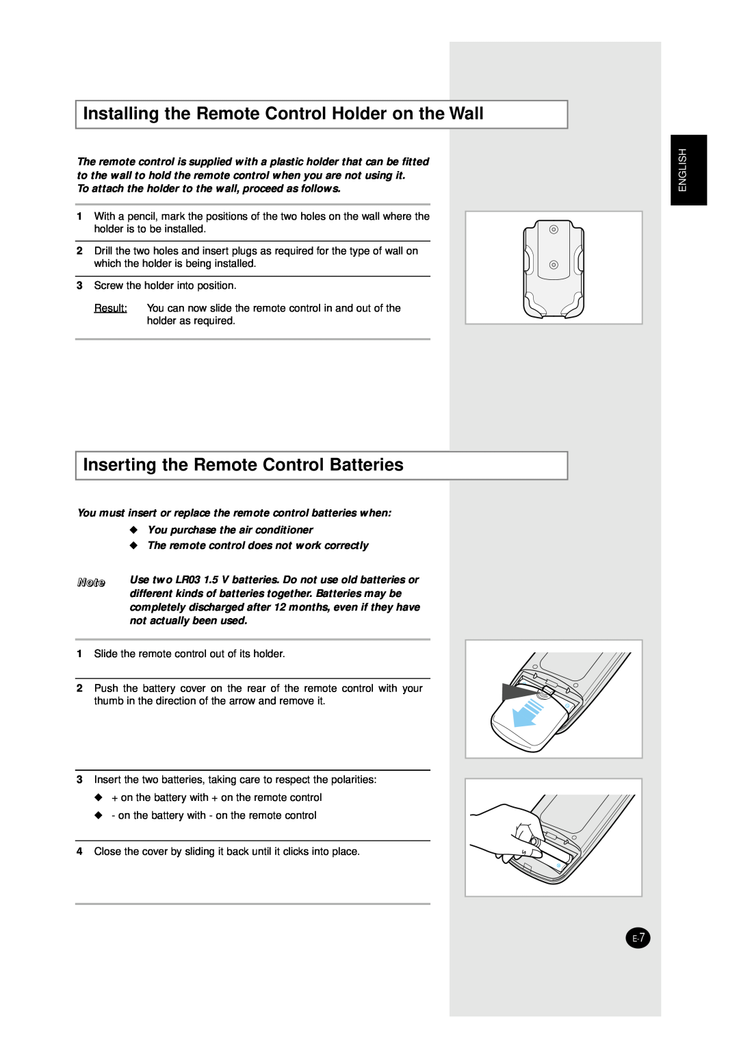 Samsung ASHM070VE Installing the Remote Control Holder on the Wall, Inserting the Remote Control Batteries, English 