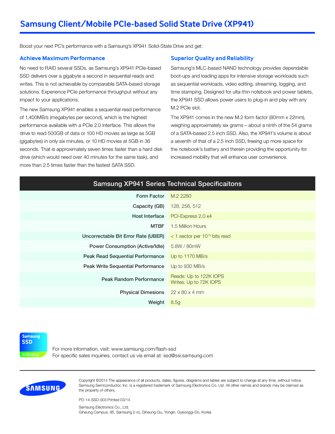 Samsung xp941 Samsung Client/Mobile PCIe-based Solid State Drive XP941, Samsung XP941 Series Technical Specificaitons 