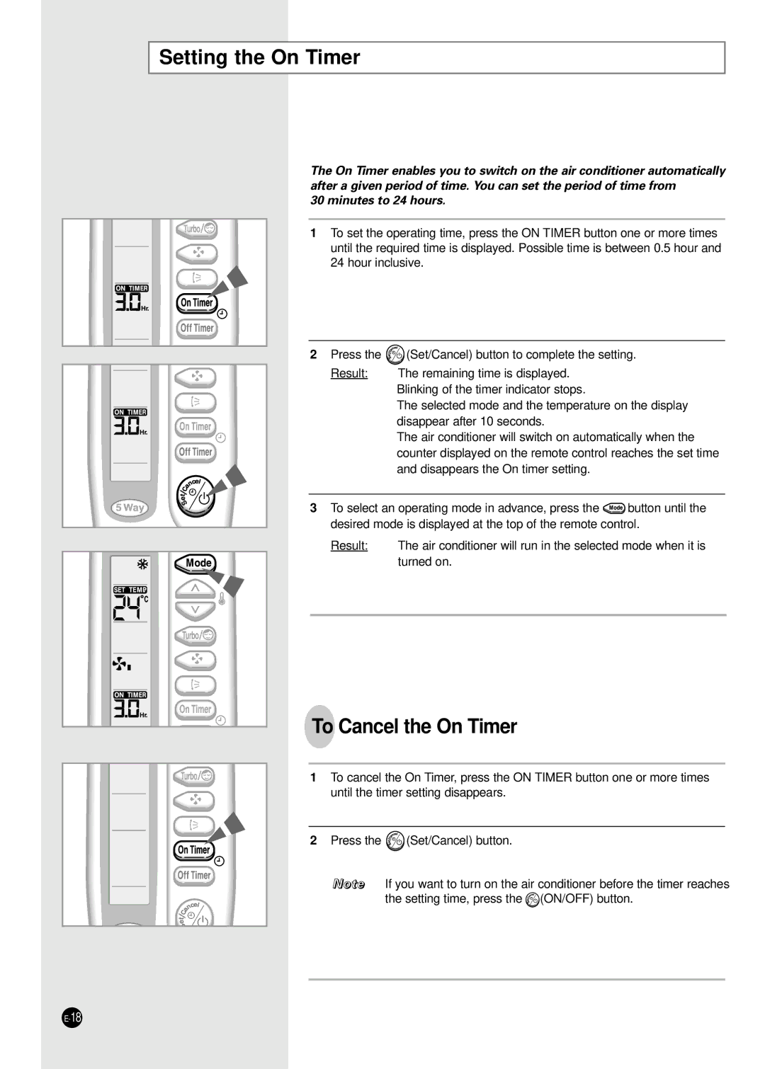 Samsung XUQ09A2MD2/XSV manual Setting the On Timer, To Cancel the On Timer 