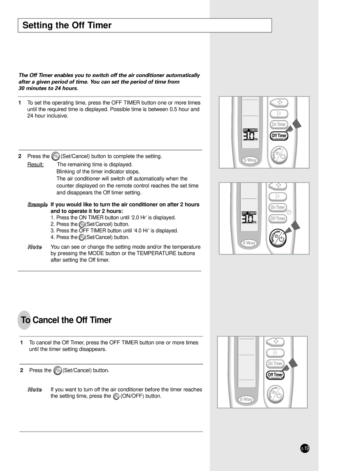 Samsung XUQ09A2MD2/XSV manual Setting the Off Timer, To Cancel the Off Timer 