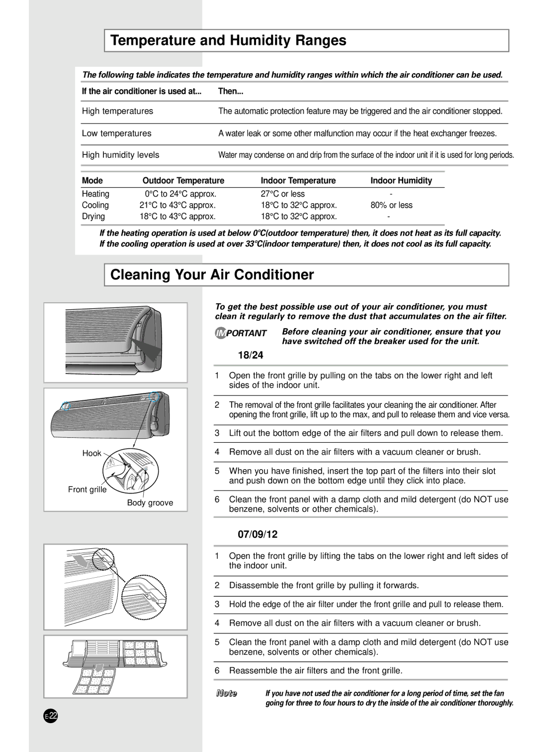 Samsung XUQ09A2MD2/XSV manual Temperature and Humidity Ranges, Cleaning Your Air Conditioner 