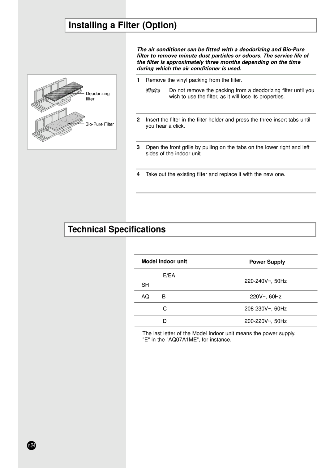 Samsung XUQ09A2MD2/XSV manual Installing a Filter Option, Technical Specifications, Model Indoor unit Power Supply 