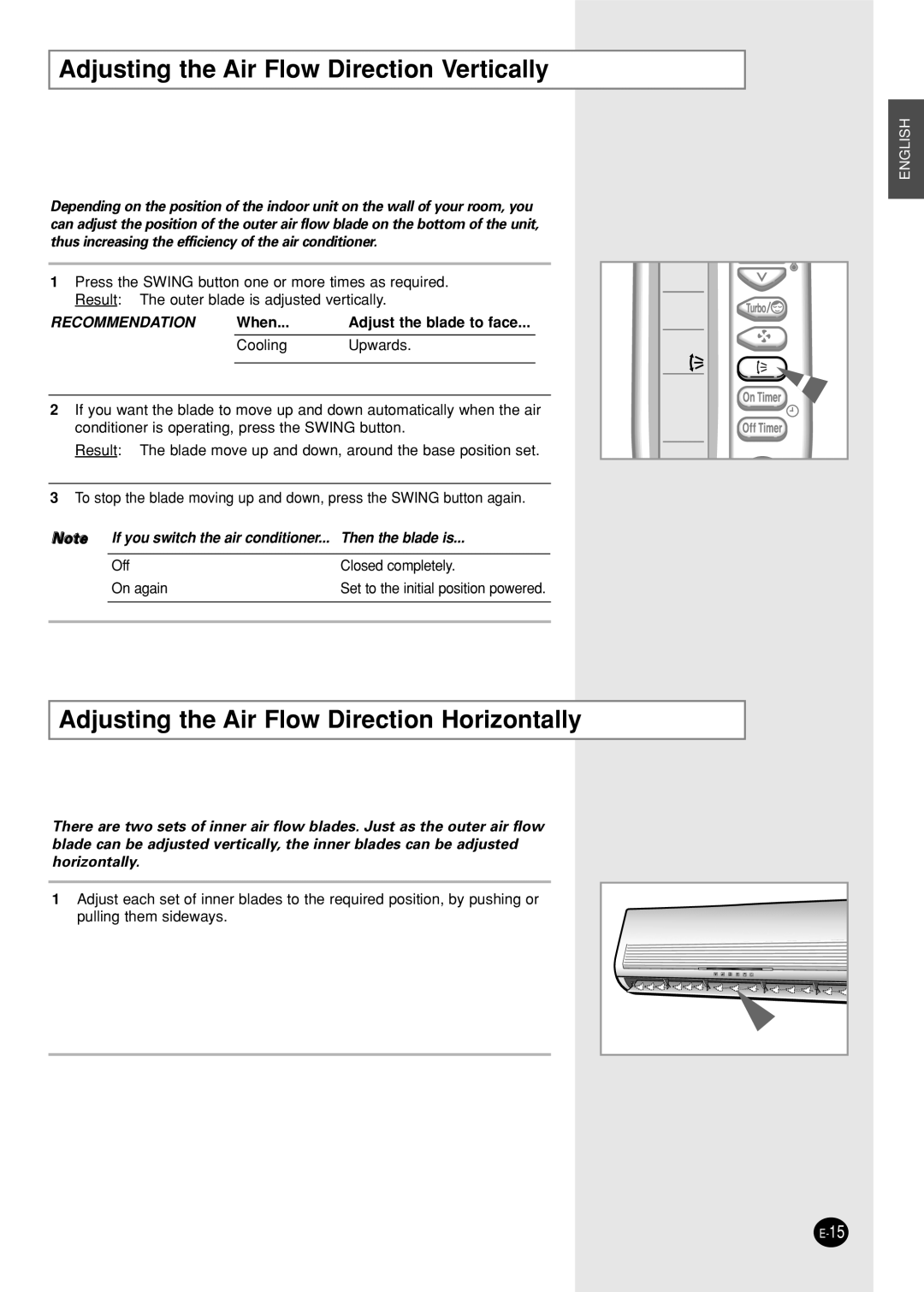 Samsung AST18P0GEA/MID manual Adjusting the Air Flow Direction Vertically, Adjusting the Air Flow Direction Horizontally 