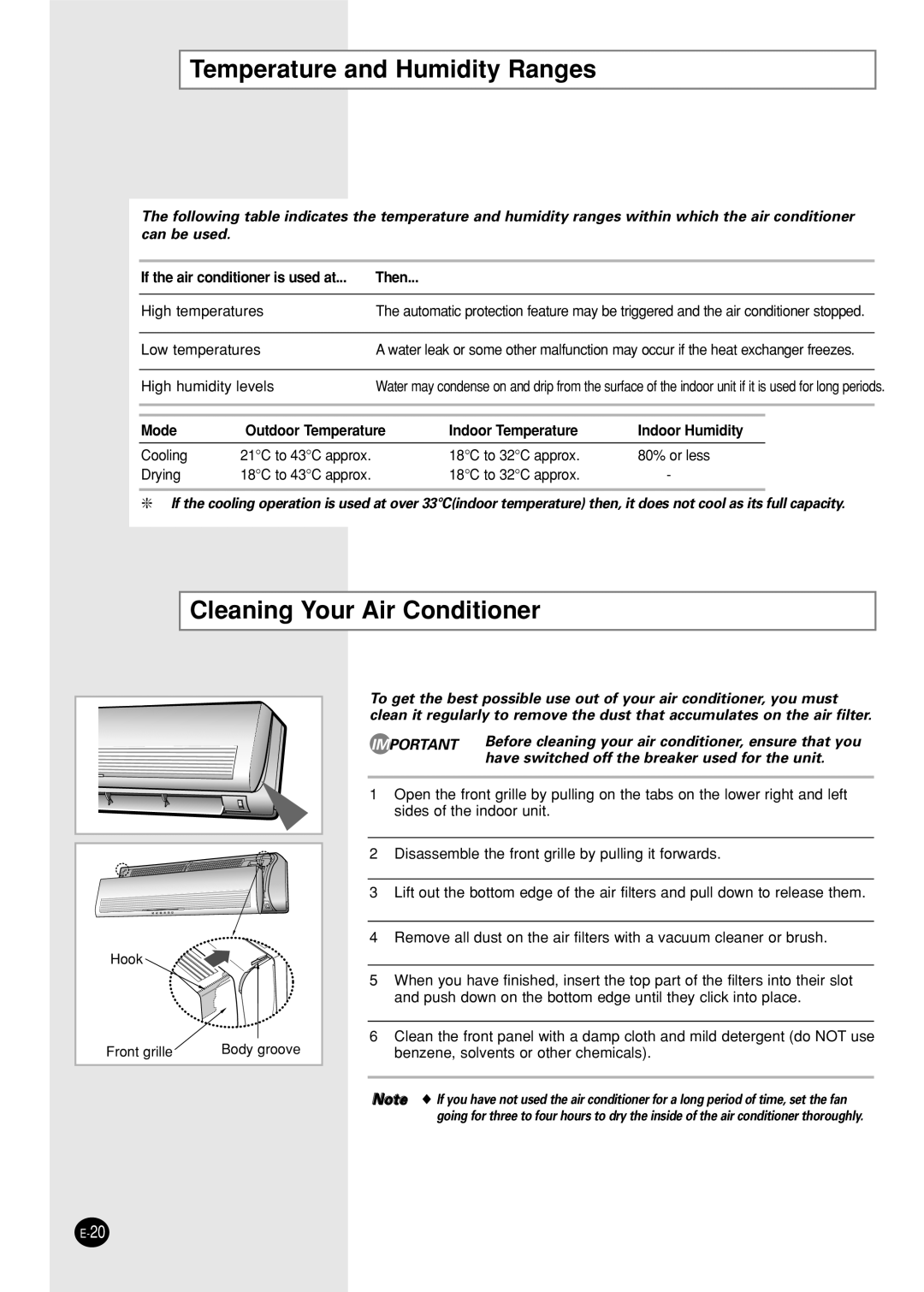 Samsung XUST24S6GEAMIG, XUST18S0GEAHAC, XUST24P6GEAMIG manual Temperature and Humidity Ranges, Cleaning Your Air Conditioner 